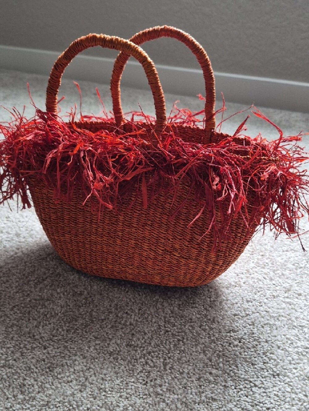 Handwoven Straw Tote with Red Fringe Accents - Picture 3 of 3